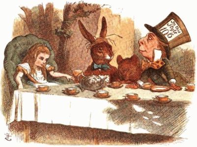 Alice, March Hare, and Mad Hatter at a table laid for tea