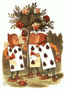 Three playing-card men standing by a rose bush