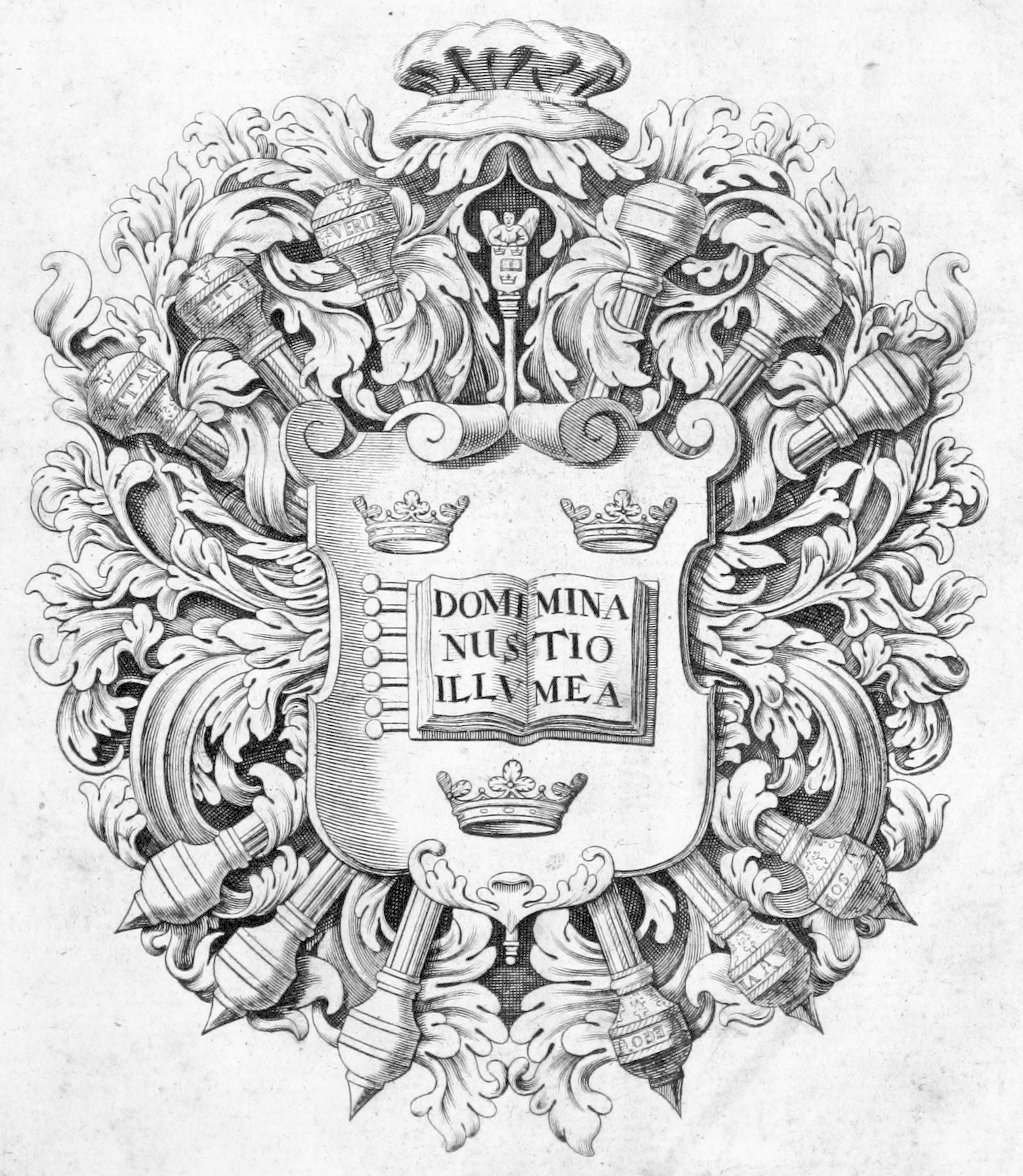 === Doctor's Bonnet in a coat of arms of the Oxford university ===

Source: https://commons.m.wikimedia.org/wiki/File:Pietas_Academi%C3%A6_Oxoniensis_in_obitum_(1738)_-_p09_COA.jpg

British Library digitised image from page 9 of 'Pietas Academiæ Oxoniensis in obitum ... Reginæ Carolinæ'

Title: Pietas Academiæ Oxoniensis in obitum ... Reginæ Carolinæ
Author(s): University of Oxford [organisation]
British Library shelfmark: 'Digital Store 644.m.12. (1.)'
Page: 9 (scanned page number - not necessarily the actual page number in the publication)
Place of publication: Oxonii
Date of publication: 1738
Type of resource: Monograph
Language(s): English
Physical description: (folio)