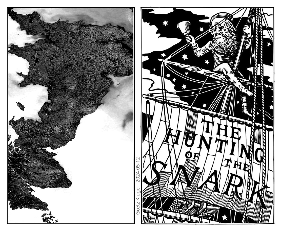 Source of the map: https://commons.wikimedia.org/wiki/File:MODIS_-_Great_Britain_-_2012-06-04_during_heat_wave_(cropped).jpg

Source of Henry Holiday's front cover illustration to Lewis Carroll's 'The Hunting of the Snark': https://snrk.de/snarkhunt/