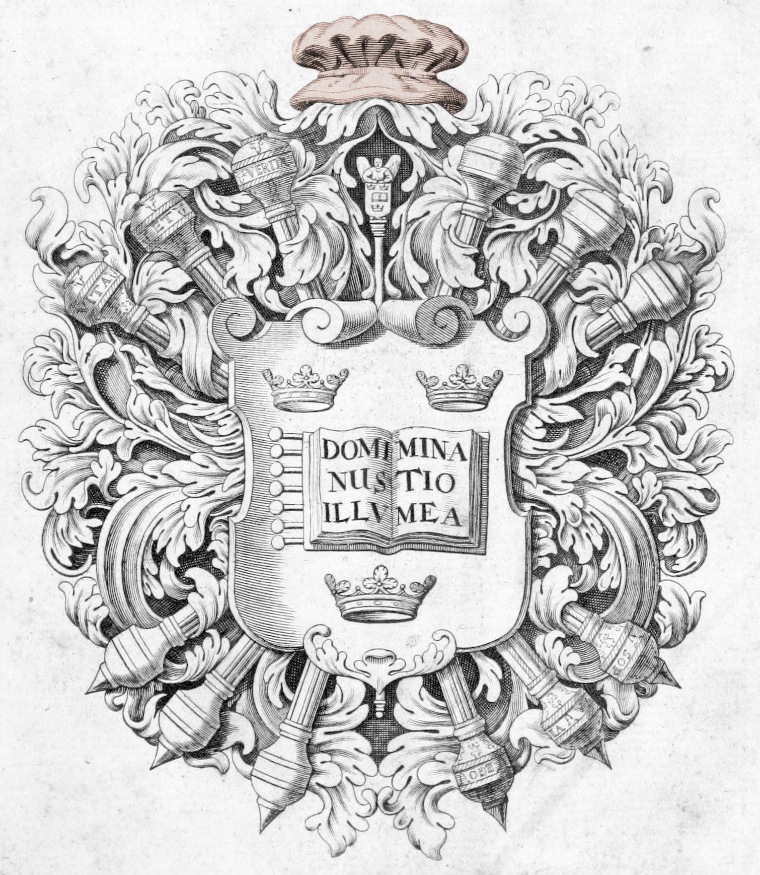 === Doctor's Bonnet in a coat of arms of the Oxford university ===

Source: https://commons.m.wikimedia.org/wiki/File:Pietas_Academi%C3%A6_Oxoniensis_in_obitum_(1738)_-_p09_COA.jpg

British Library digitised image from page 9 of 'Pietas Academiæ Oxoniensis in obitum ... Reginæ Carolinæ'

Title: Pietas Academiæ Oxoniensis in obitum ... Reginæ Carolinæ
Author(s): University of Oxford [organisation]
British Library shelfmark: 'Digital Store 644.m.12. (1.)'
Page: 9 (scanned page number - not necessarily the actual page number in the publication)
Place of publication: Oxonii
Date of publication: 1738
Type of resource: Monograph
Language(s): English
Physical description: (folio)